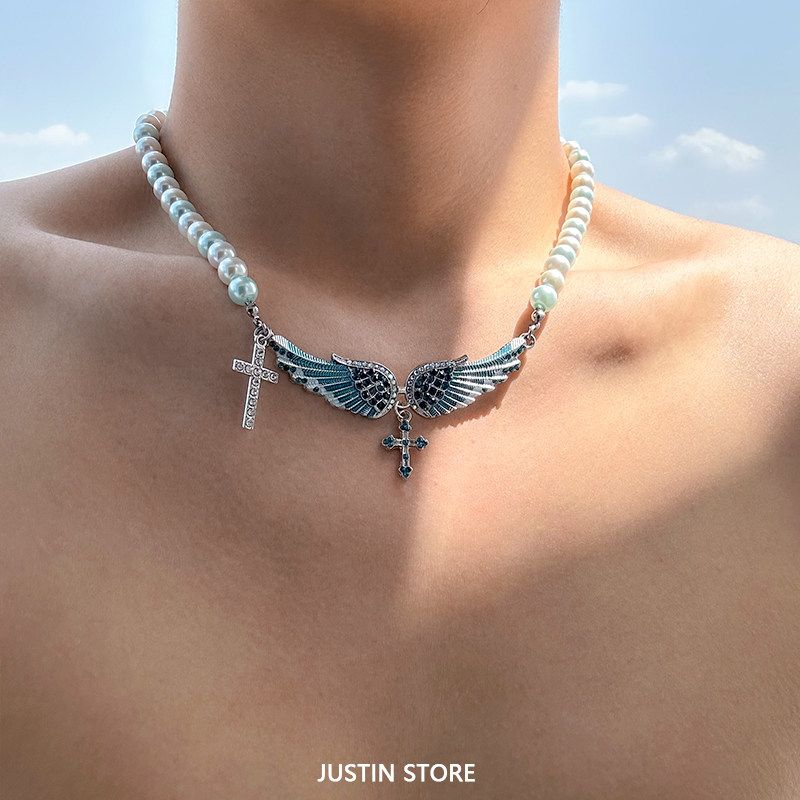 

Shijia Pearl Necklace Men s Angel Wings Inlaid Zirconium Clavicle Chain European and American All Match Personality Fancy Cross Men s Chain Blue Angel Wings Pearl Necklace [45+5cm]