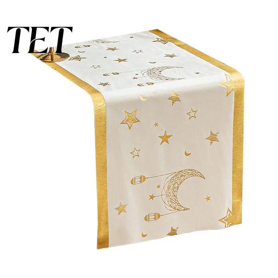 Elegant Velvet Table Runner Eid Mubarak Runner, Ramadan Gold Moon Stars Tablecloth, Islamic Happy Luxury Dining Linen Holiday Rectangular Cloth