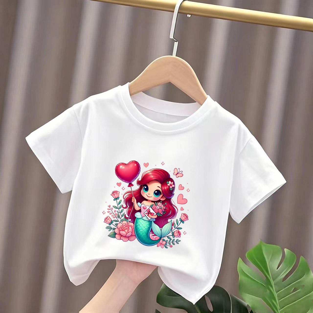 Summer Girls ShortSleeved Cartoon Mermaid Print Pure Cotton Breathable Girls Casual TShirt 2026 New Style Summer Clothing 100
