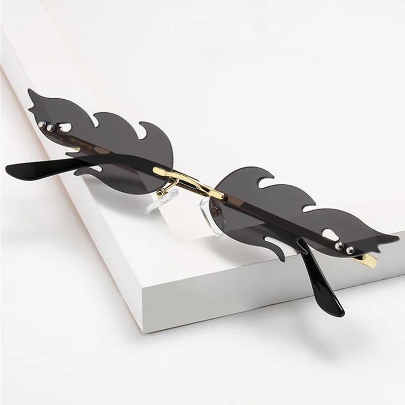 Fashion Oval Fire Flame Sunglasses Woman Metal Rimless Sun Glasses Female Small Frame Ocean Mirror Luxury Feminino