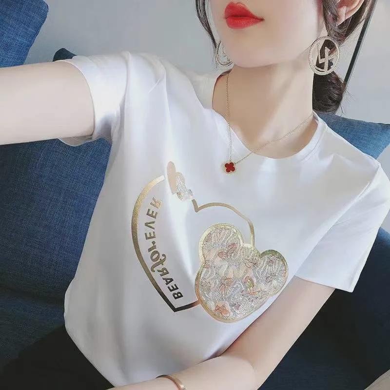 Women's Round Neck White Short-Sleeved T-Shirt with Gold Print - Spring 2025 Niche Design