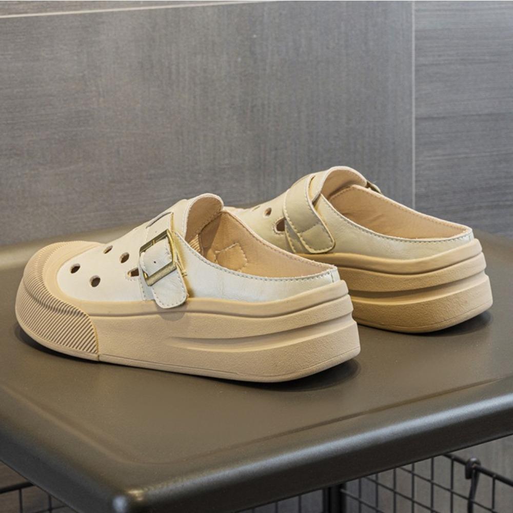 Slippers for Women's 2025 Summer New Round Headed Cowhide Low Top Thick Sole Height Increasing Casual and Comfortable Sandals