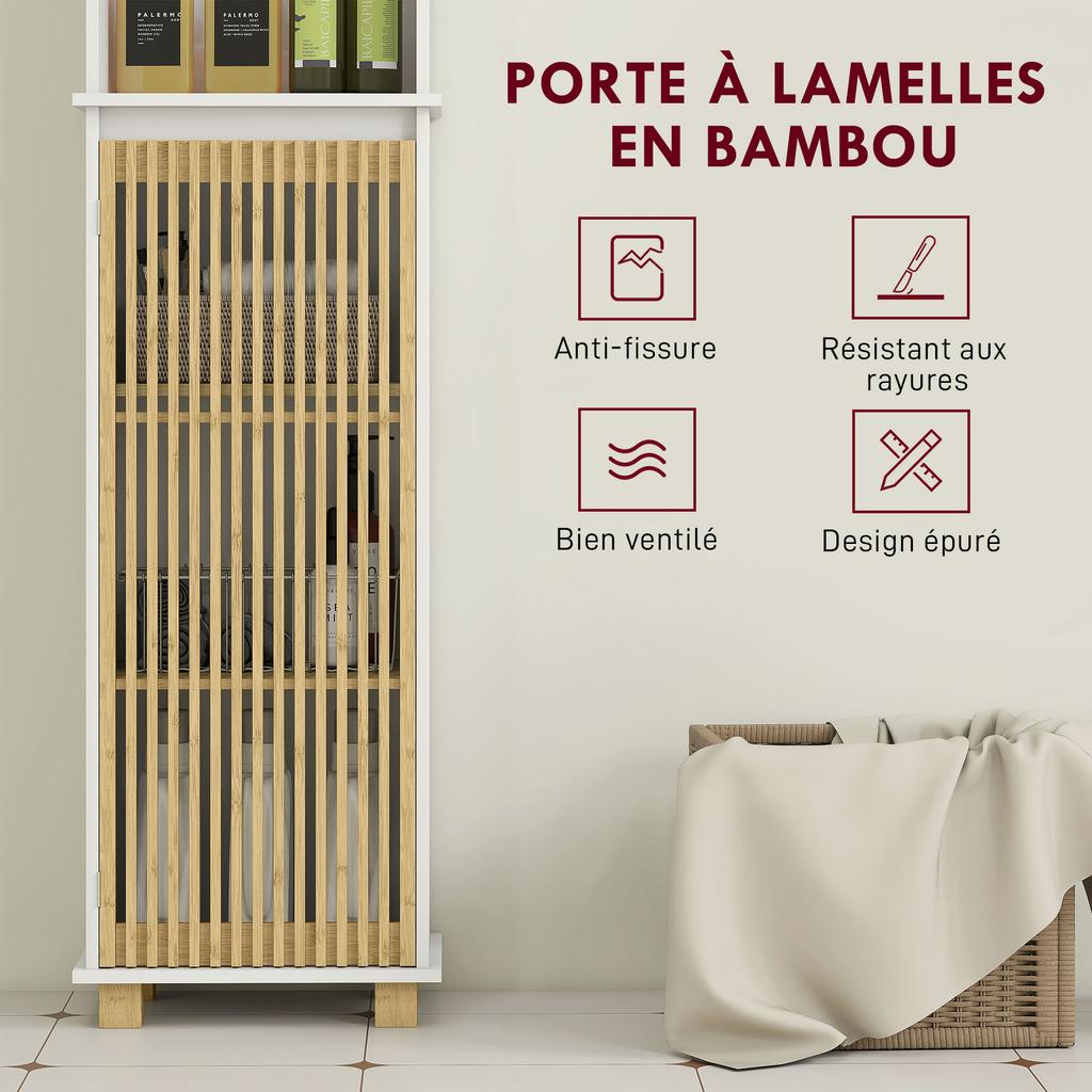 Bathroom column, bathroom storage unit with bamboo slatted door and open compartments, white