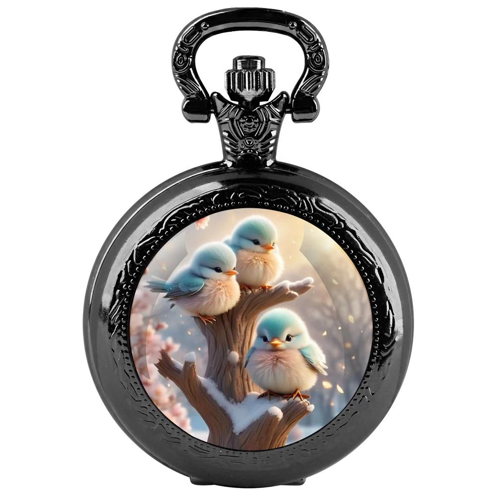

Vintage Tiny Blue Birds Glass Dome Quartz Pocket Watch Pendant Necklace Chain for Men Women Jewelry Gift чёрный