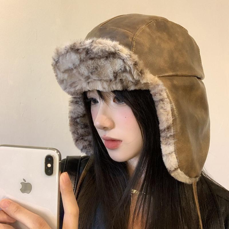 Unique Trendy And Gray Brown Pu Leather Womens Russian Hat For Fashionable Winter Style