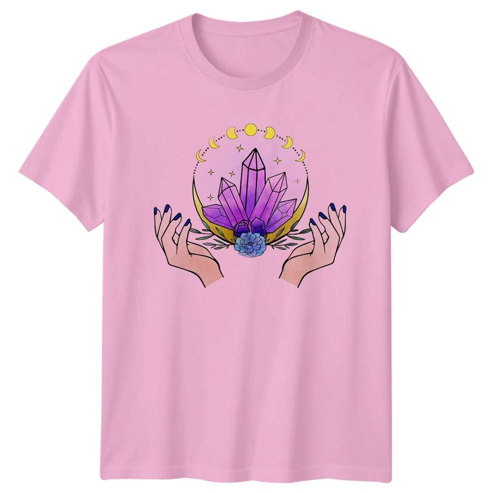 Hands Holding Amethyst Crystals Crescent Unisexs TShirt Moon Phases