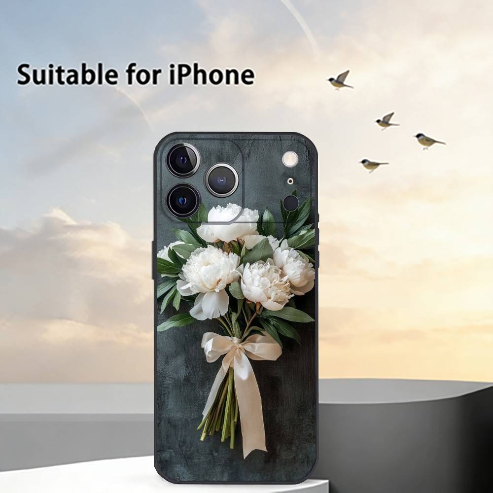 Elegant Peony F-Flower Phone Case For iPhone 17,16,15,14,13,12,11 Plus,Pro Max,XS,Soft Silicone Black Cover