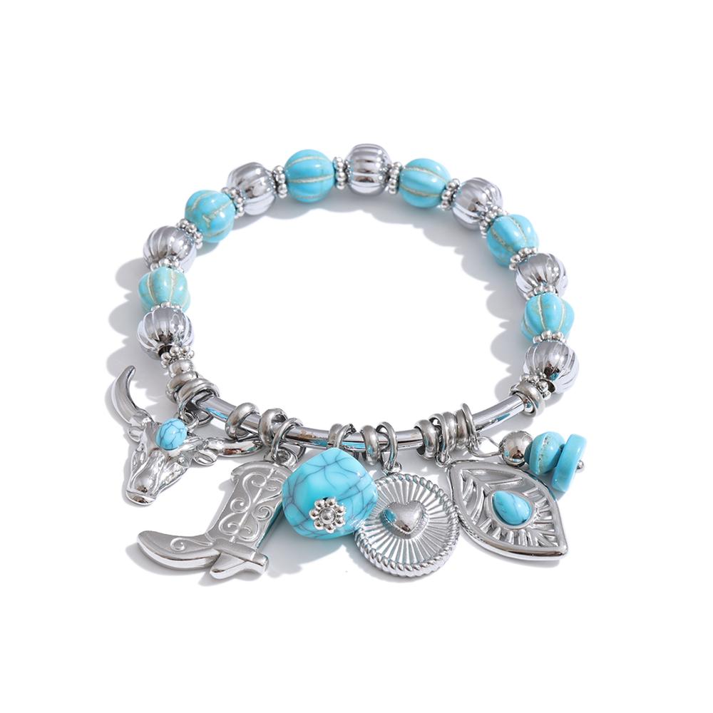 

Yhpup 2026 Stainless Steel Handmade Jewelry Turquoise Stone Beads Chain Shoes Heart Leaf Drop Charm Statement Bracelet Bangle