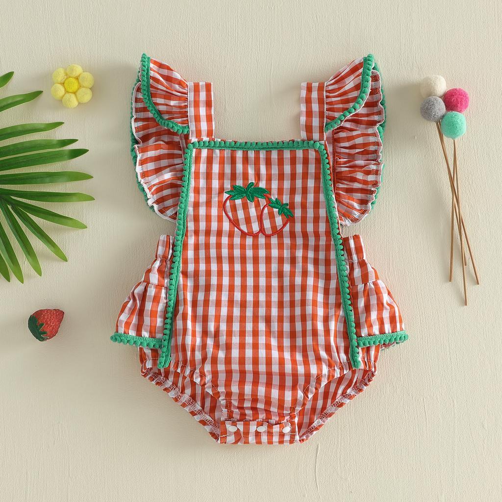 Baby Girls Summer Romper Adorable Strawberry Embroidery Plaid Flying Sleeve Square Neck Jumpsuit