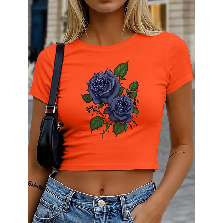 Women s round-neck short top T Shirt | Dark blue rose plant print | High-waisted, cropped, tight-fitting, slim-fit short-sleeve top | Retro style S оранжевый