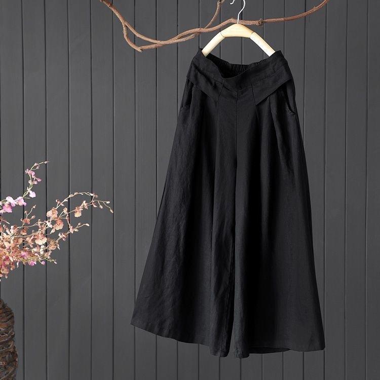 Hohe Taille Baumwolle Leinen Damen Hose Neun Punkte Weites Bein Hose Rock Marke Bule Herbst Pendeln Sle Einfarbige