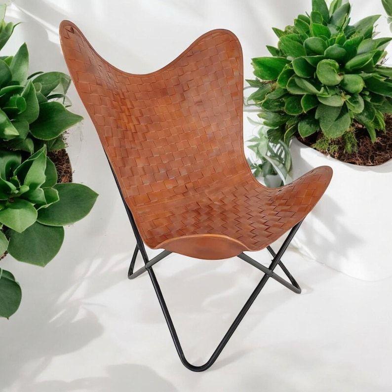 Vintage Inspired Butterfly Leather Lounge Chair Handmade with Genuine Leather Perfect for Modern Boho Home Decor