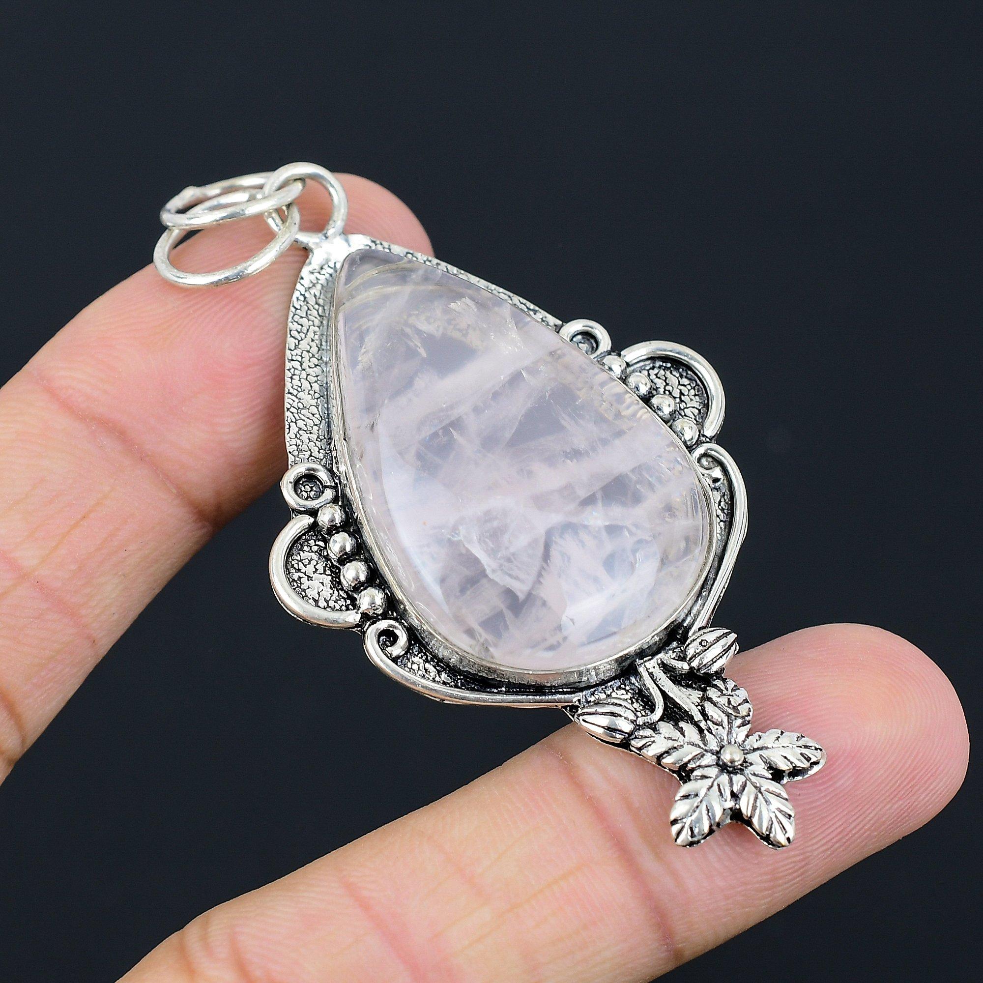 Natural Rose Quartz Gemstone Pendant Flower Pink 925 Sterling Silver Jewelry