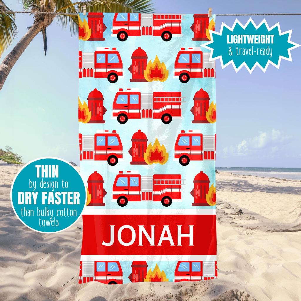 Feuerwehr Strandtuch Personalisiertes Badetuch für Kinder Erwachsene Jungen Übergröße Benutzerdefinierter Name Poolparty Handtuch Geburtstagsgeschenk Feuerwehrmann