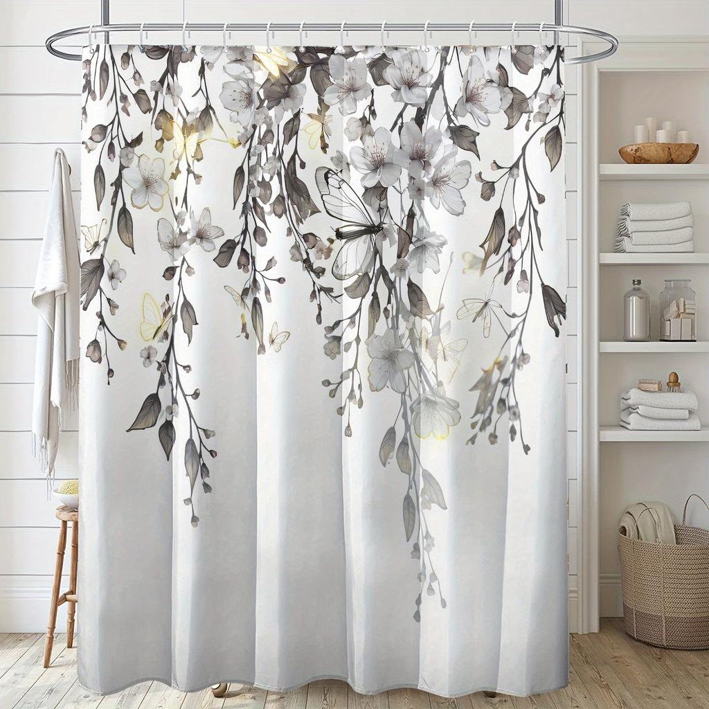 1Pc White Gray Peach Flower Print Shower Curtain With Hooks, Polyester Fabric, Window And Wall, Suitable For Bathroom