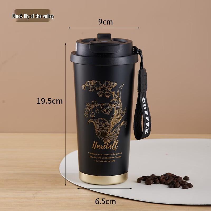 

OLOEY Kids 500ml Stainless Steel Insulated Water Bottle with Dual Lid and Strap - Black Lily of the Valley