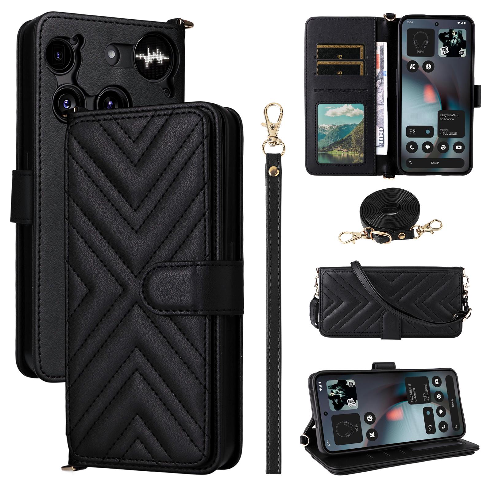 

For Nothing Phone (3) 5G Case with Shoulder/ Wrist Strap Leather Phone Cover Stand Wallet A