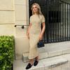Women's Button Dress Crew Neck Shift Short Sleeve Down Knit Maxi Dress Formal Wedding Guest Party