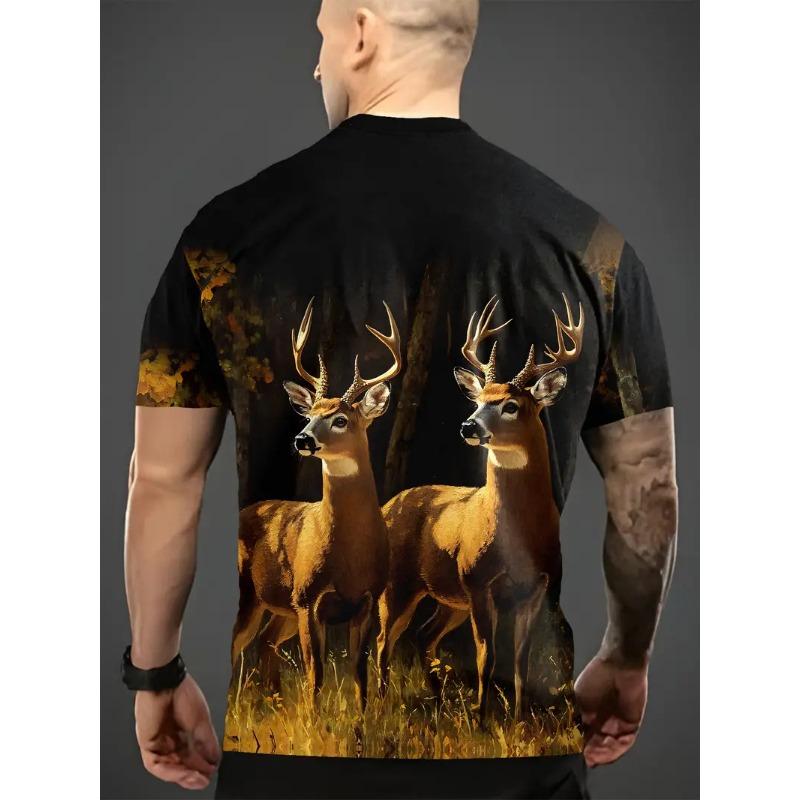 Men's Deer Print T-shirt Sports Short Sleeved Crew Neck T-shirt for Summer Outdoor Fitness Workout Men's Clothing