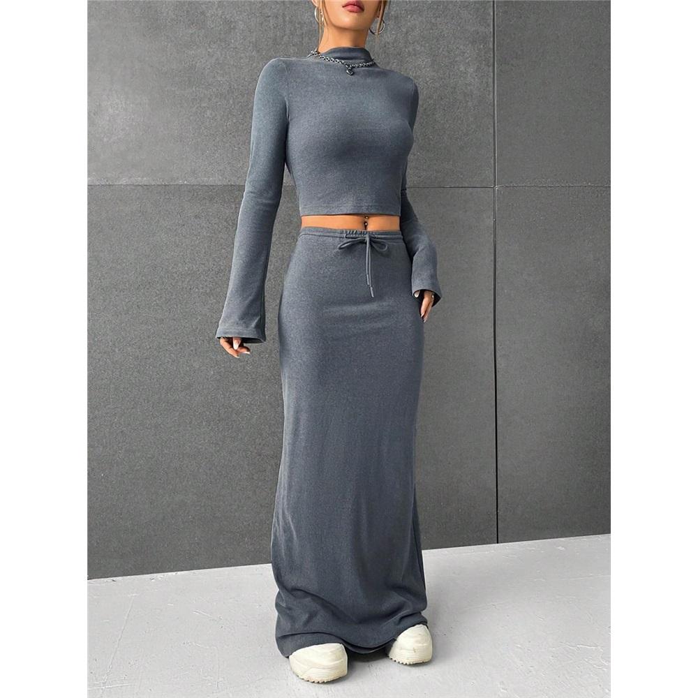 Women's skirt set solid color long sleeve round neck T-shirt long skirt two-piece set