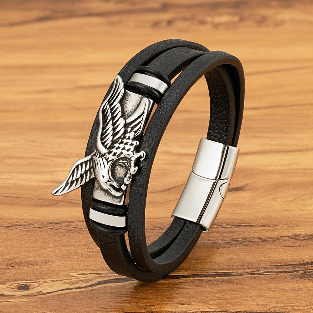 Bracciale Aquila Animale per Uomo Mano Multi-Strati Pelle Nera con Chiusura Magnetica Gioielli Regalo per Fidanzato