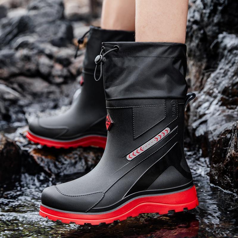 Winter velvet rain shoes men's medium tube thick-soled non-slip men's wear-resistant water shoes outdoor waterproof and warm rain boots