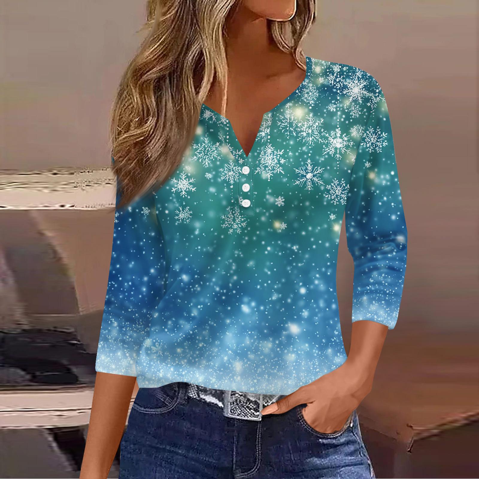 

Женская модная повседневная футболка с принтом рождественской елки, V-образным вырезом, декоративными пуговицами и рукавом три четверти M