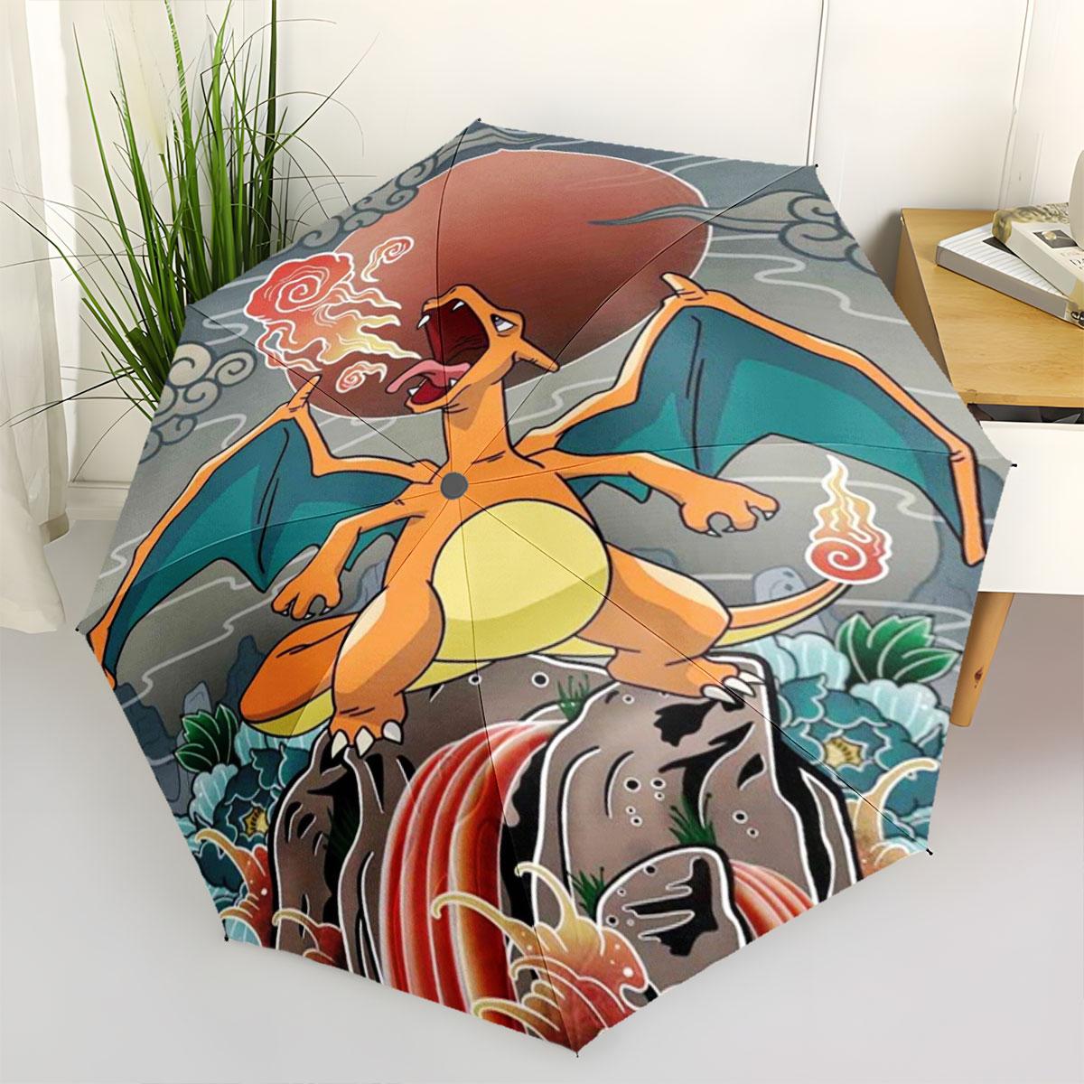 Pokemon Charizard Printed Umbrella Cool Fire Dragon Foldable Umbrella Windproof Anti UV Sun Rain Umbrella Outdoor Use (as the picture,iron&8K)