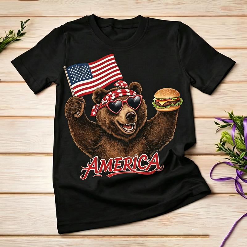 American Flag Bear Burger Graphic TShirt for Unisex Unisex 100 Cotton Casual Summer Streetwear Gift