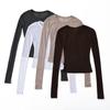 Women Crew Neck Fitted Long Sleeve Semi Sheer T-shirt