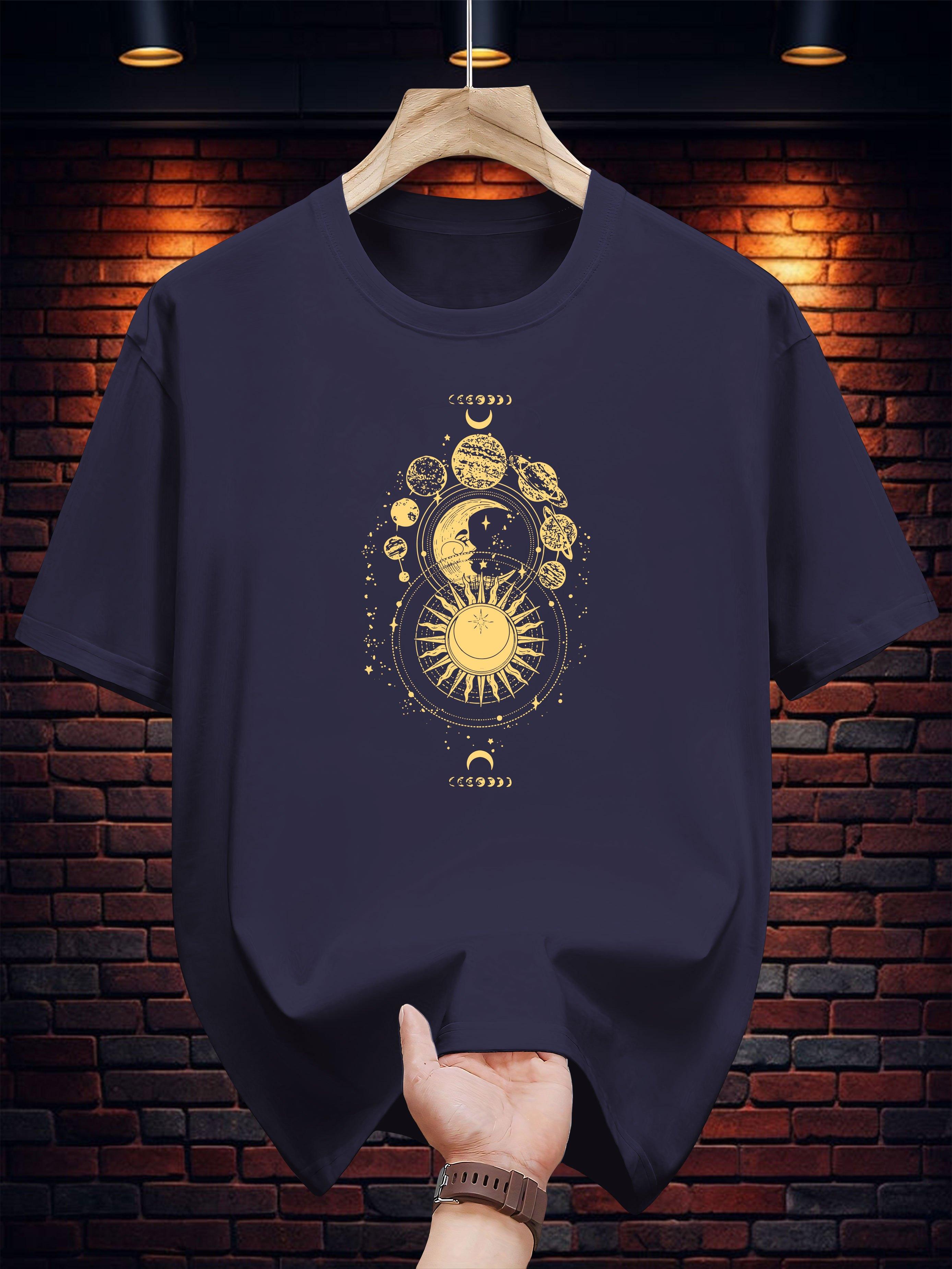 Casual Short Sleeve T-shirt with Intricate Moon and Stars Print - Black L