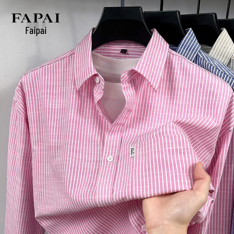 FAPAI Men's Striped Cotton Linen Blend Long Sleeve Shirt
