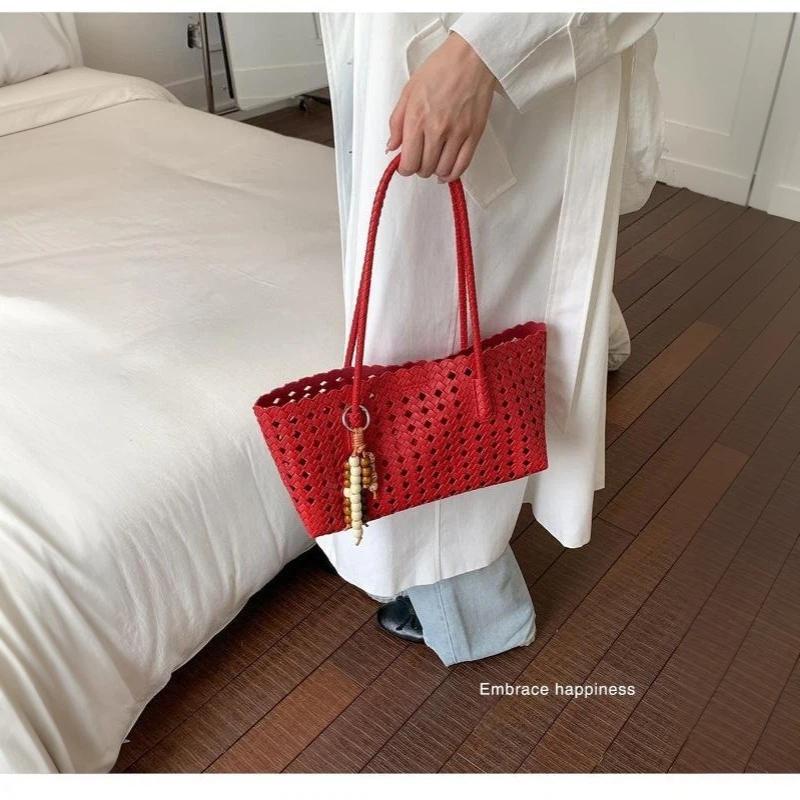 Foldable Women Hollow Woven Tote Bag Large Capacity Casual Shoulder Handbag for Travel Beach Grocery Shopping