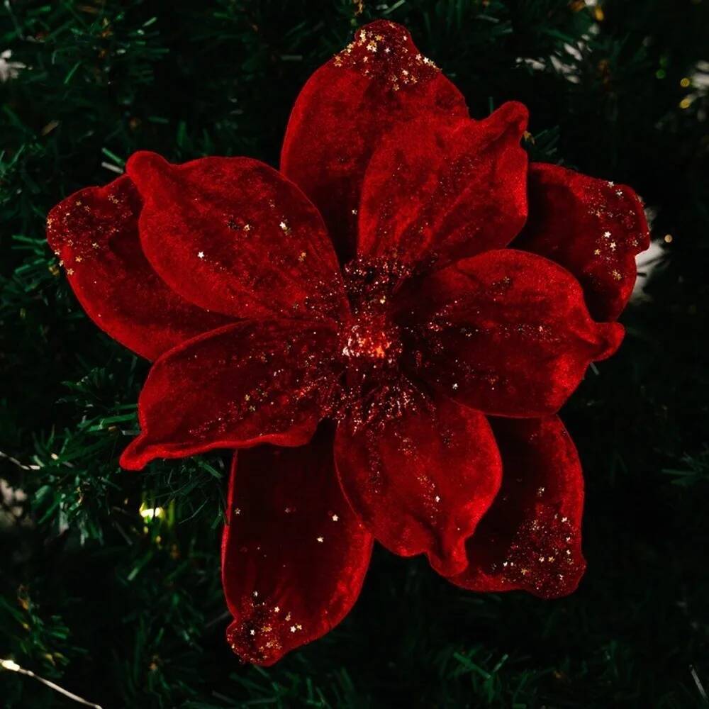 Glittering Holiday Floral Arrangement Soft Petal Artificial 26CM Flowers for Christmas Tree Winter Wedding Centerpiece Decor