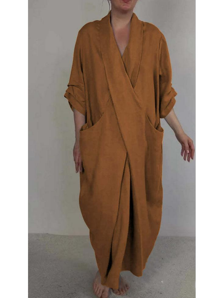 2026 Autumn Linen V-Neck Bathrobe Dress with Pockets - Solid Color, Casual, Loose, Slit Design
