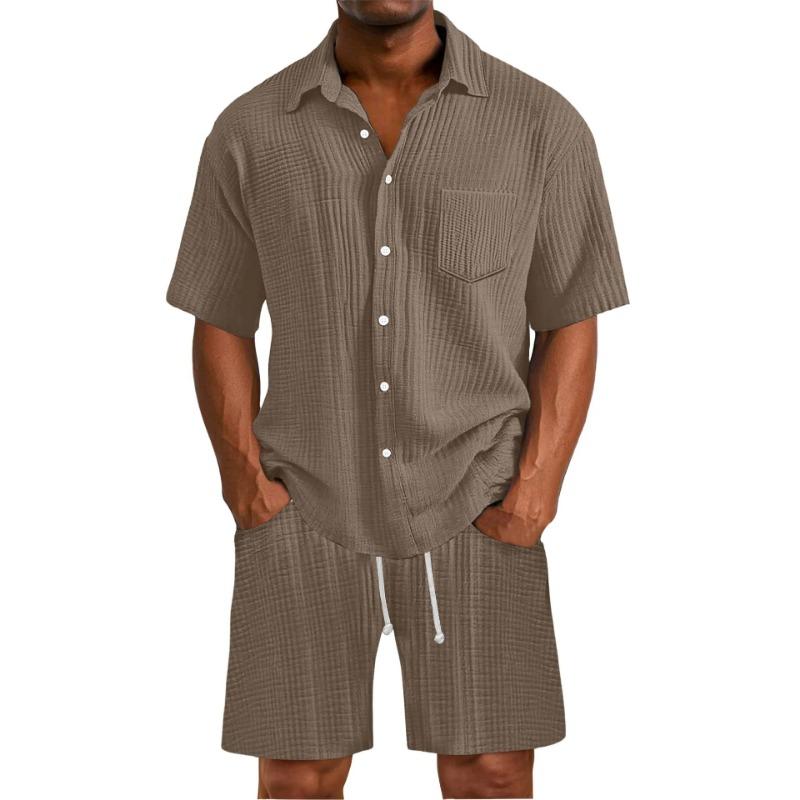 Mens Casual Solid Color Textured Shirt Shorts Two Piece Set