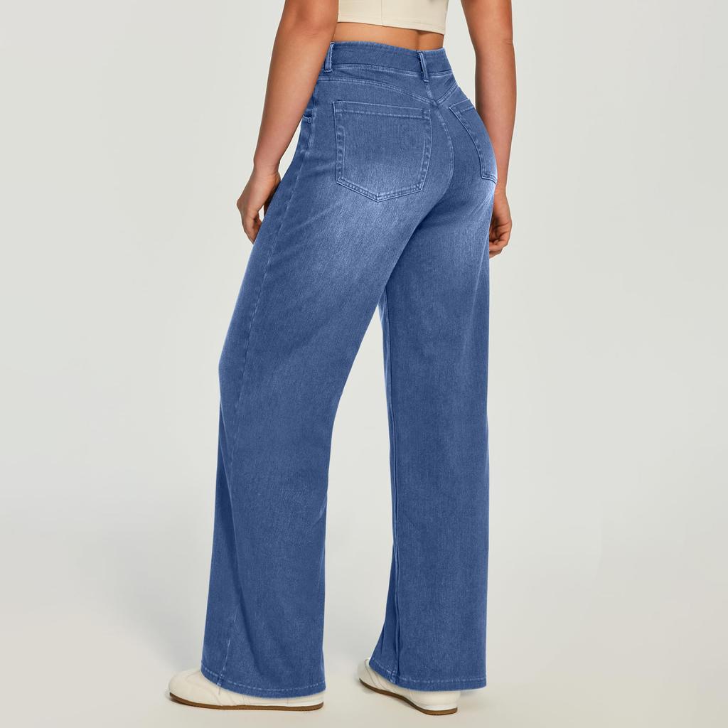Women Wide Leg Jeans with Zipper Pockets Loose Fit High Waist Denim Pants Full Length Casual Bottoms for Work and Daily Wear