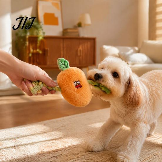 Plush Vegetable Toy Stuffed Dog Toy, Interactive Squeaky Chew Carrot Eggplant Aggressive Chewer Green Pepper with Rope Arm for Tug-of-war, Small