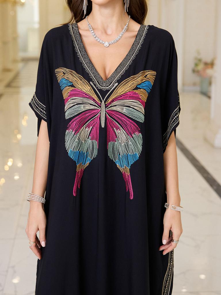 Womens Elegant Embroidered Butterfly Kaftan Dress V-Neck Side Slits Loose Fit Long Maxi Gown for Evening Parties Casual Chic Q1779-4160