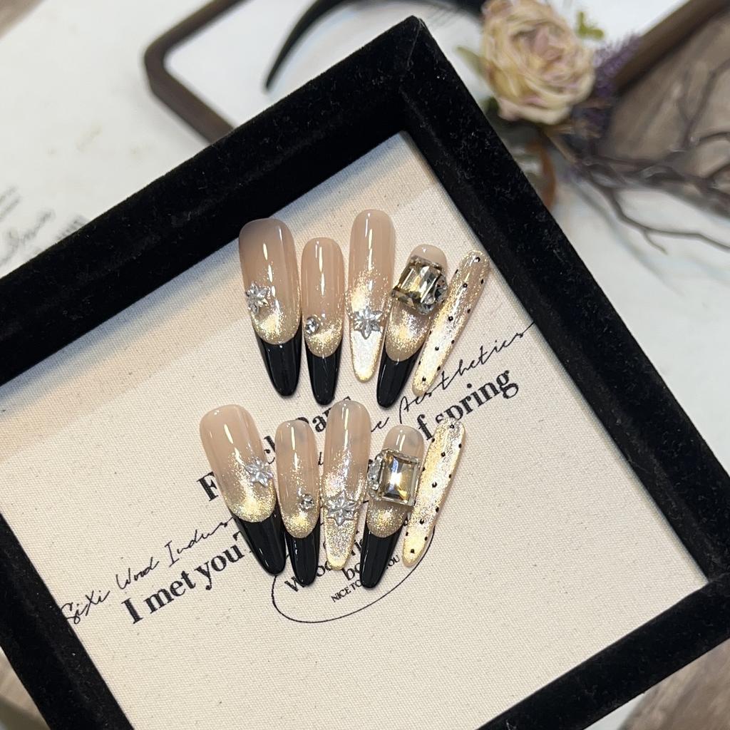 Pure Hand-woven Armor High-end Golden Light-chasing Cat Eye Nail Art Black French Flash Zircon Diamond Fake Nail Sheet