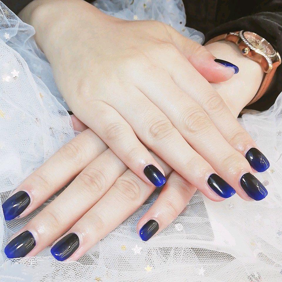Gradient Blue-Black Press-On Nail Art Patches: Removable and Finished Fake Nails