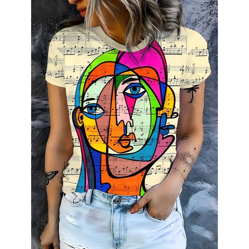 Modisches Damen Rundhals Kurzarm 3D Porträt Farbig Bedrucktes Porträt Kurzarm Rundhals T-Shirt