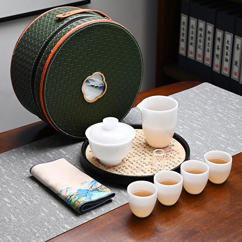 Ice Suet Jade Porcelain Travel Tea Set Outdoor Portable Ceramic Cover Bowl Tea Cup Complete Set Business Souvenir