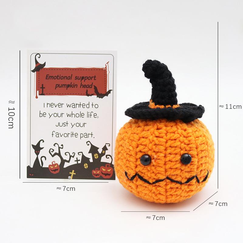 Funny Crochet Emotional Support Pumpkin Gifts Desktop Ornament Handmade Knitted Pumpkin Doll With Card Home Room Halloween Decor