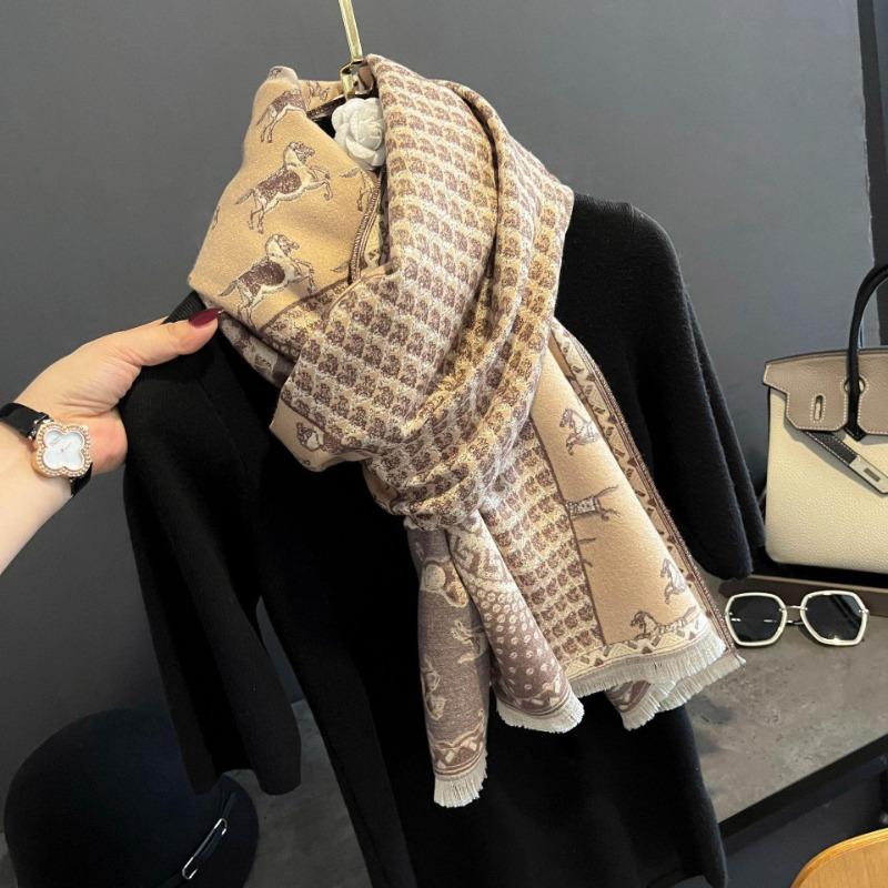 Compass pony pattern imitation cashmere shawl for women, warm big scarf versatile thickened scarf double-sided dual-purpose