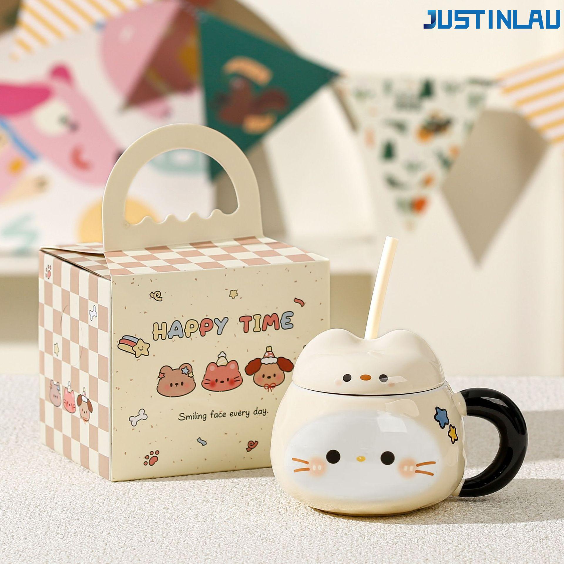Set of Sesame-shaped Ceramic Cup Cat Grass Straw Cup with Lid and Straw Coffee Cup Breakfast Milk Cup Instagram-style Coffee Cup 400ml