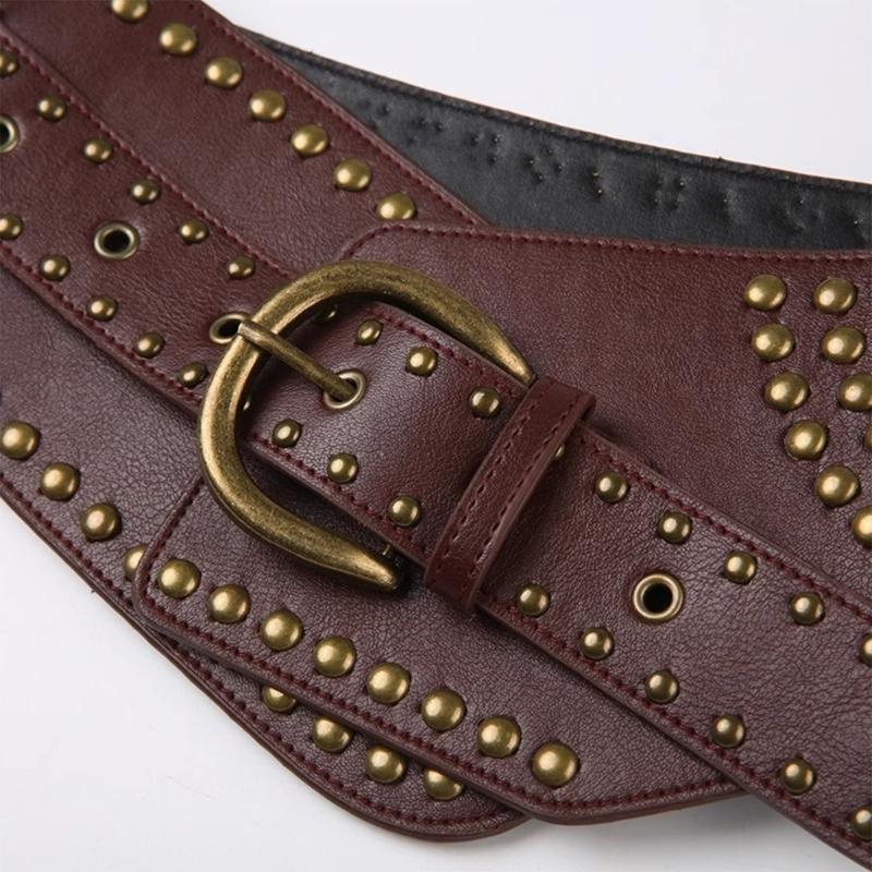 PU Leather Female Waist Belt with Irregular Buckle Rivets Decors PU Waist Belt Hollowed out Waistband for Coat Shirt