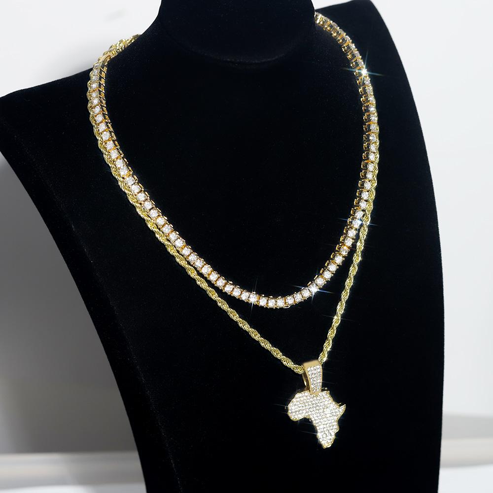 Hip-hop Men's Necklace Set Stylish Africa Map Pendant Necklace Iced Out Inlaid Diamonds Tennis/Rope Chain Punk Jewelry Gift Set