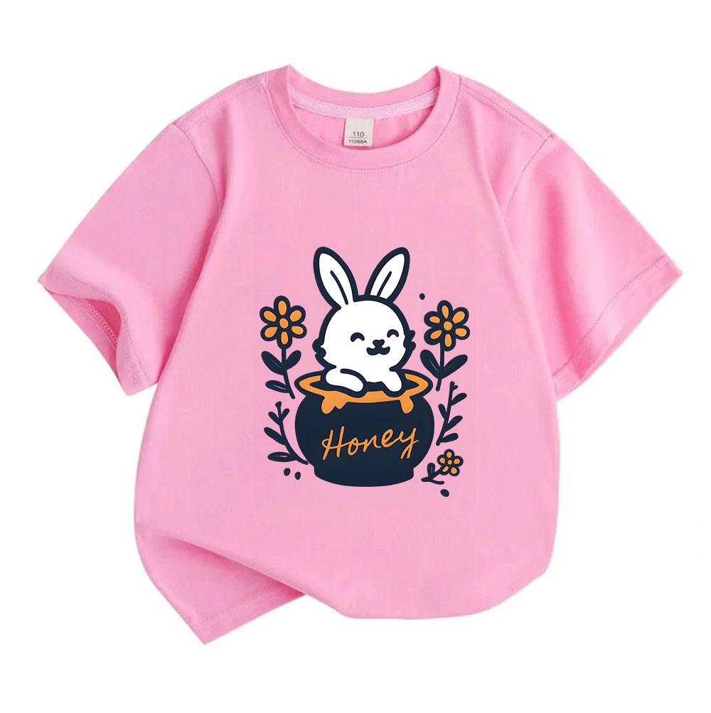 Kids Boys Girls 100% Cotton Crew Neck Short Sleeve T-Shirt, Cute Smiling White Bunny In Honey Jar Floral Print Casual Soft Tee for Children Daily Wear
