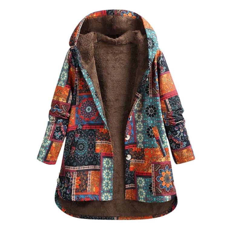 Vintage Flower Print Hooded Jacket Ladies Long Sleeve Thick Plush Plus Size Composite Hooded
